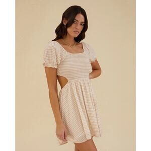 [Rachel Parcell] Tan Micro Gingham Print Open Back Smocked Mini Dress NWT Sz XXL